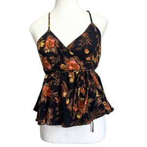 URBAN OUTFITTERS DAKOTA BLACK ORANGE FLORAL RACERBACK WRAP PEPLUM TOP - L